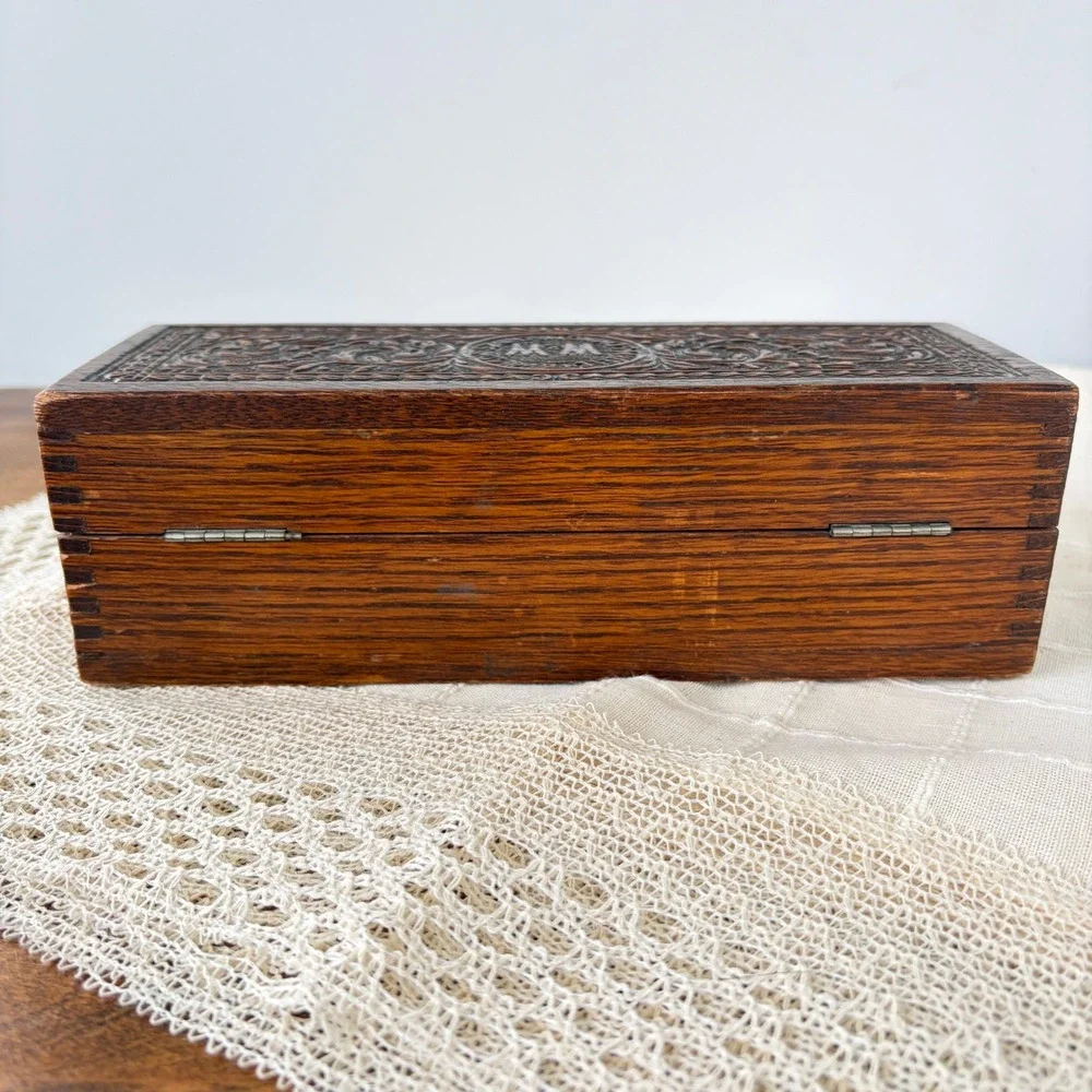 Antique Wheeler & Wilson Sewing Machine Carved Wood Accessory Box W&W Logo Decor